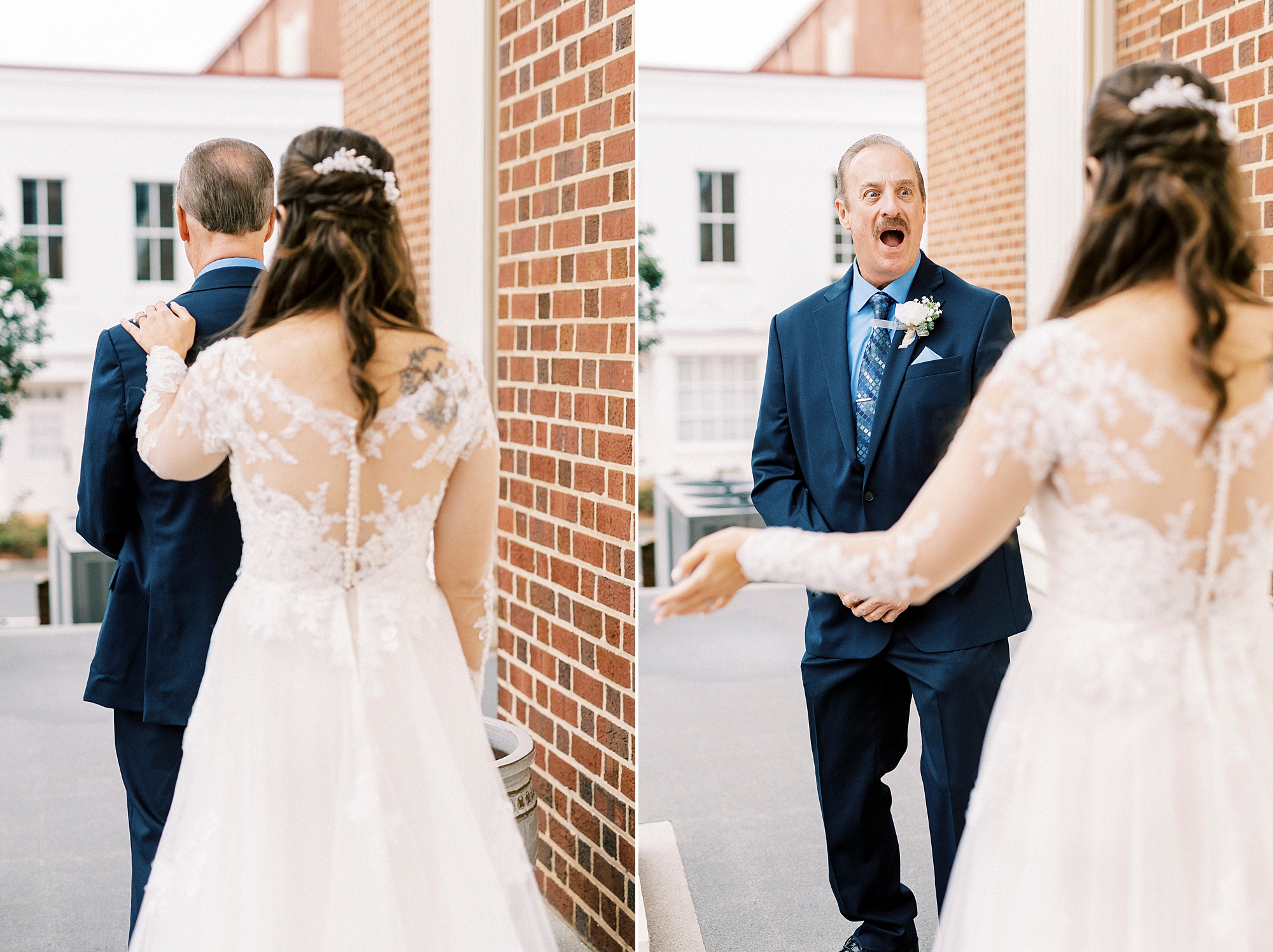bride has first look with dad outside First Baptist Church in Kannapolis NC