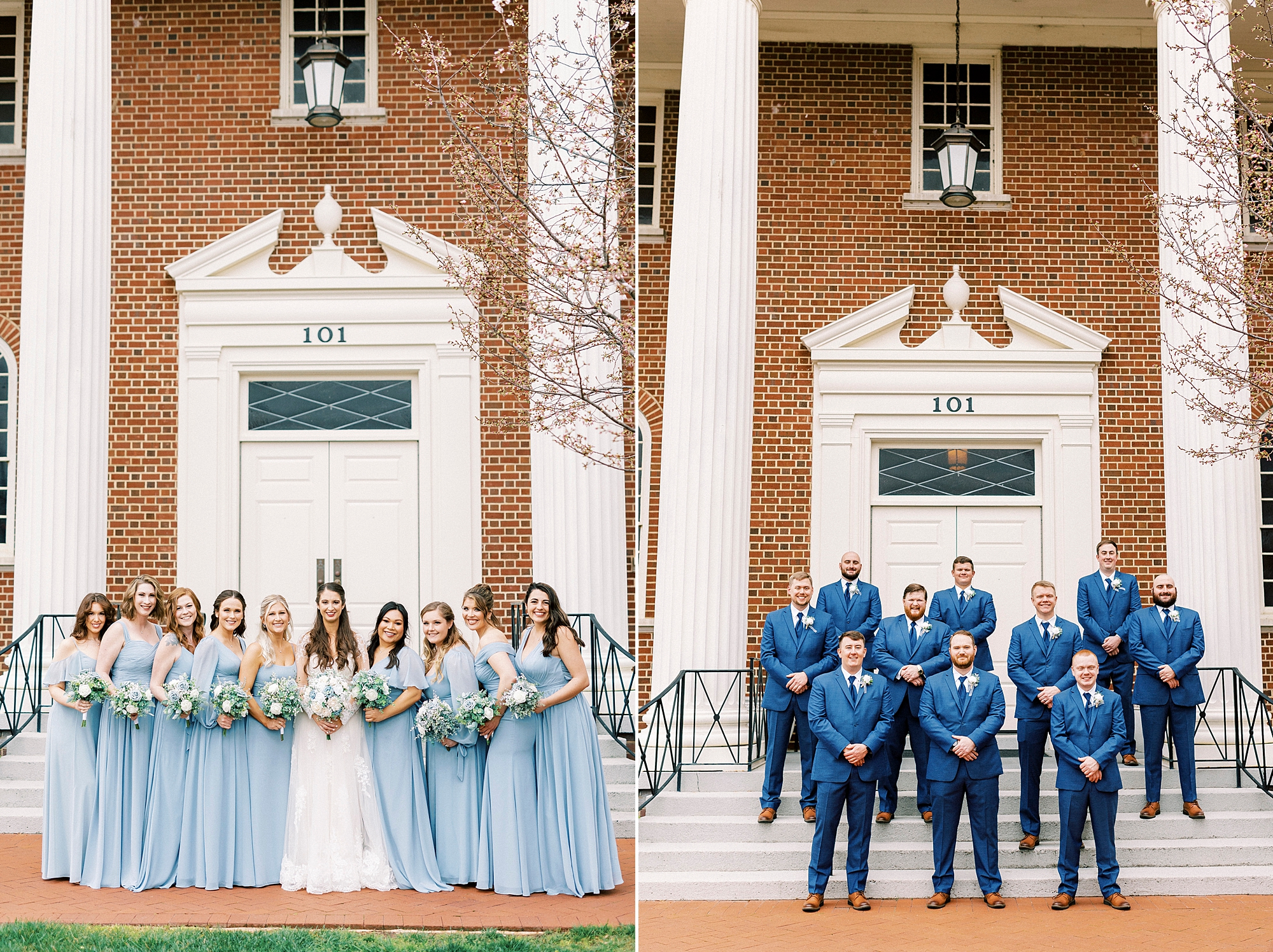 bridesmaids and groomsmen pose with bride and groom outside First Baptist Church in Kannapolis NC