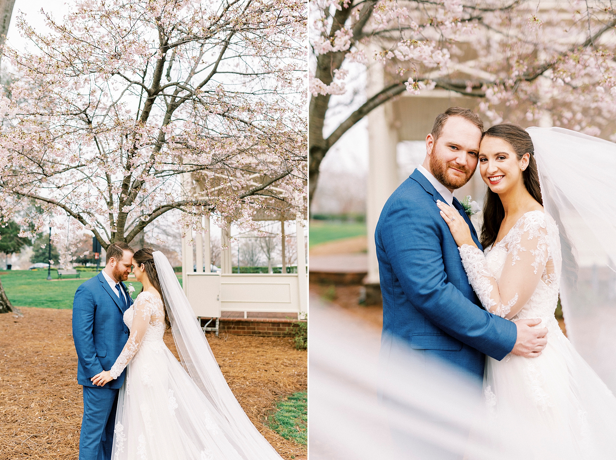 newlyweds hug under spring trees in downtown Kannapolis