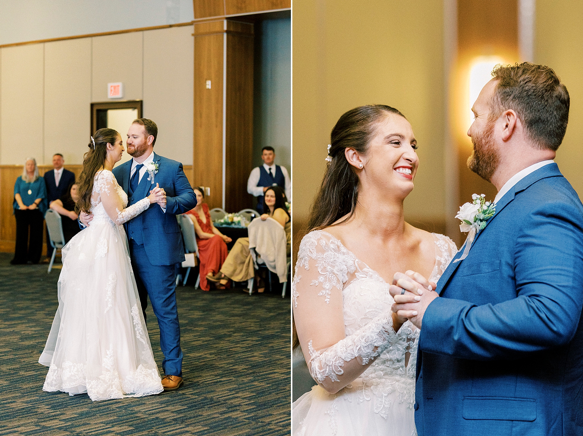 newlyweds dance together during reception in hall at downtown Kannapolis