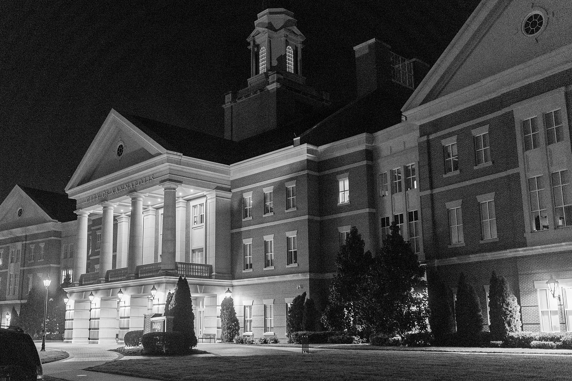 nighttime portrait of building in Downtown Kannapolis