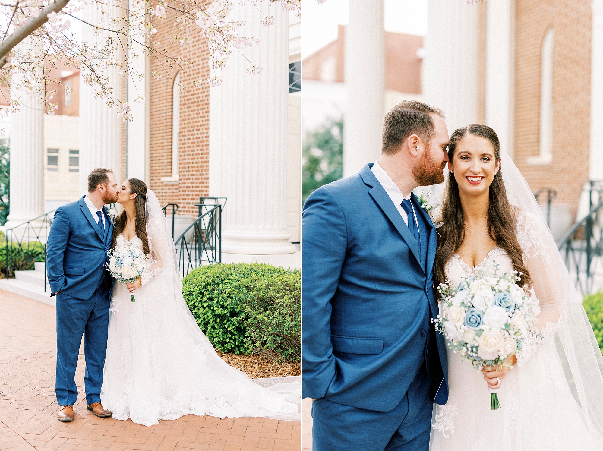bride and groom hug by columns of First Baptist Church in Downtown Kannapolis