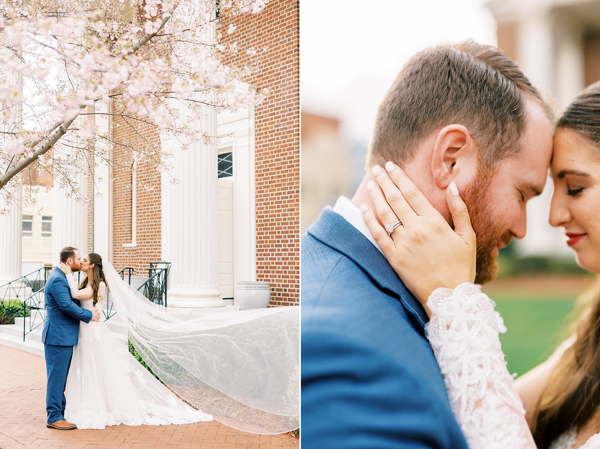 bride and groom kiss under spring trees in Downtown Kannapolis