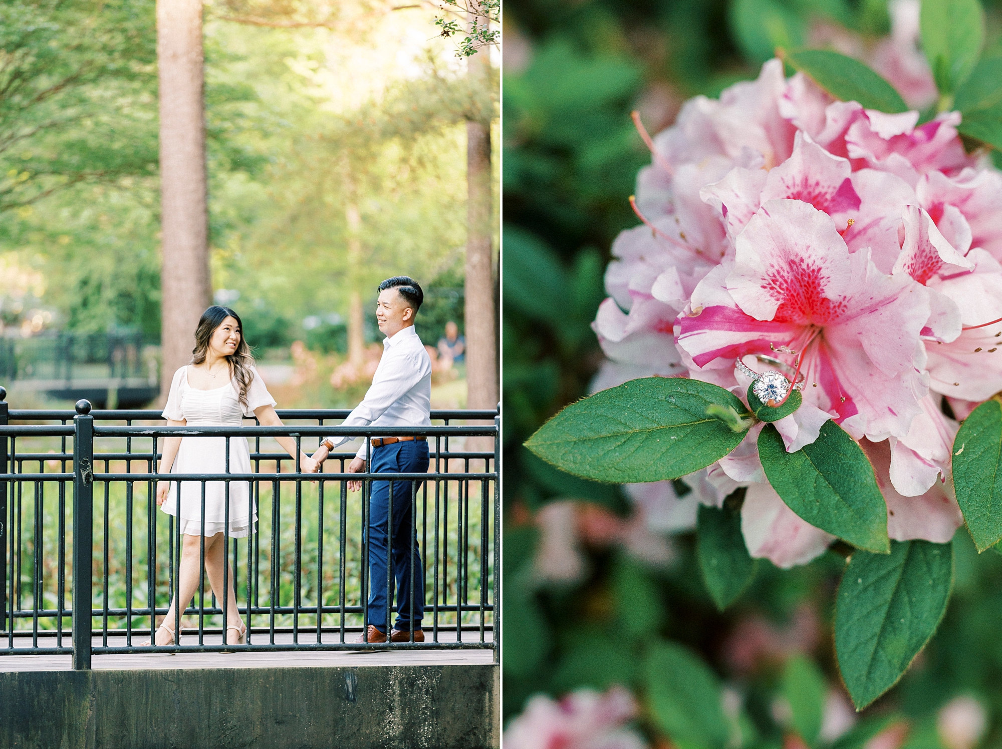 couple laughs on bridge next to photo of ring on pink peony 
