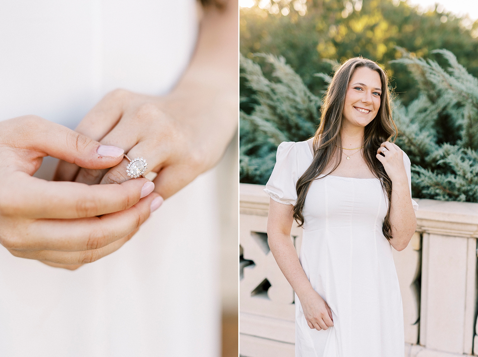 woman in white dress shows off engagement ring 