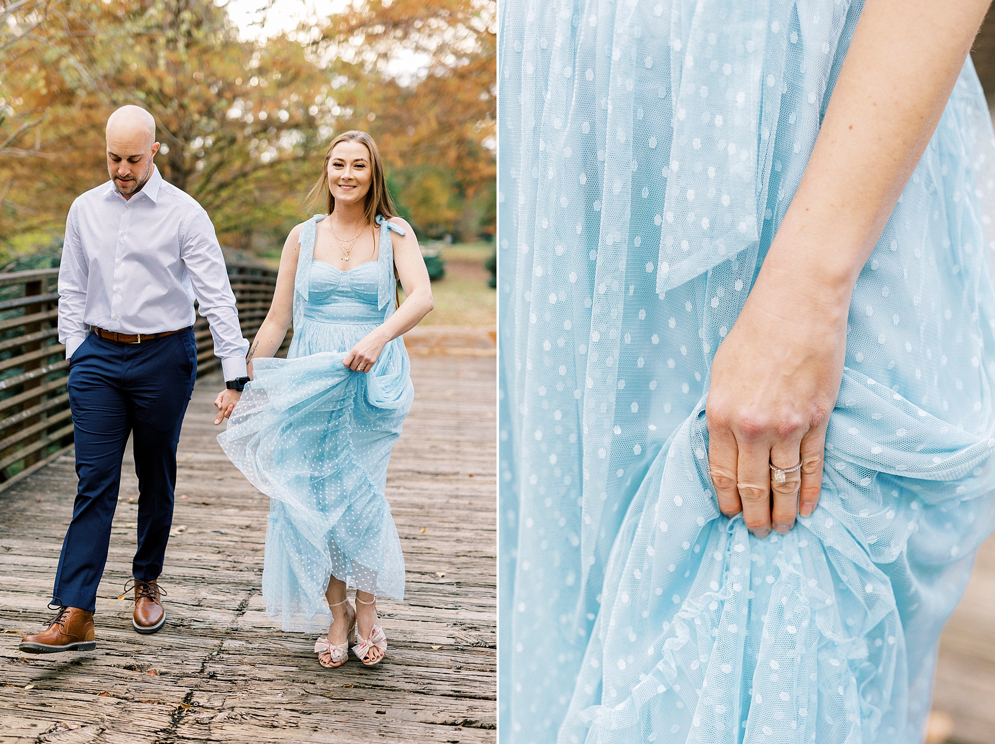 woman holds skirt of blue dress showing off engagement ring