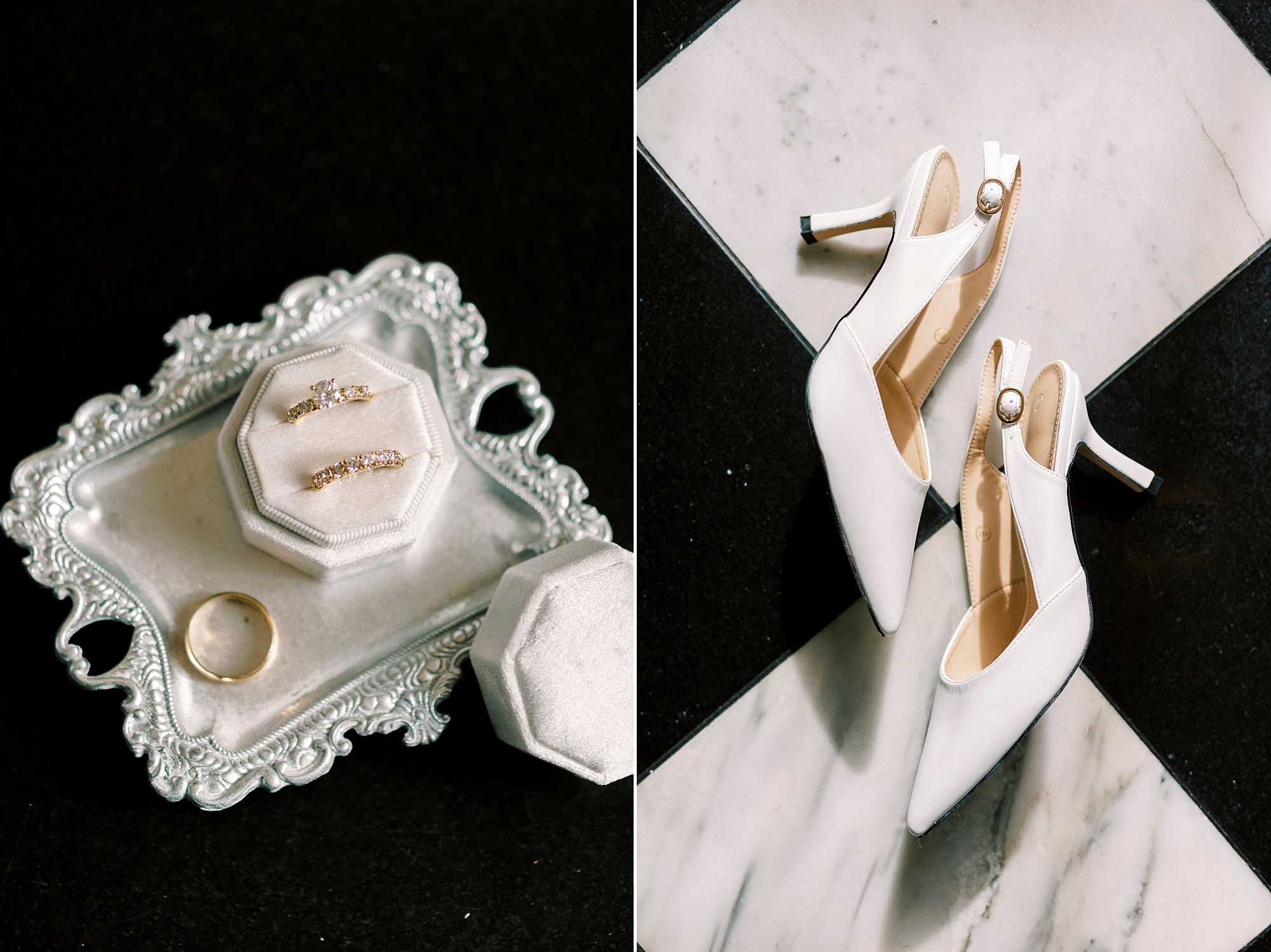 bride's ivory shoes on black and white floor at Separk Mansion