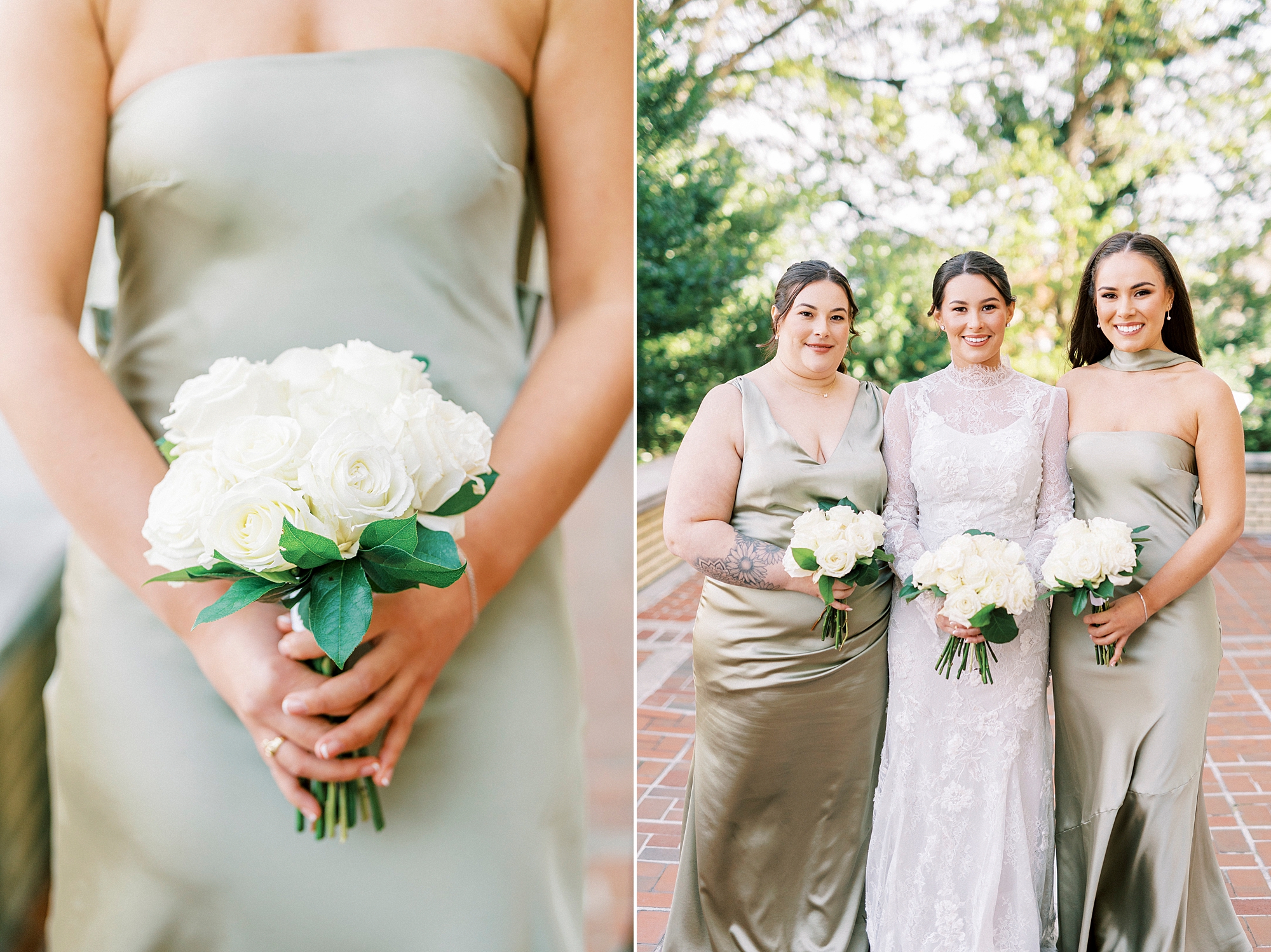 bridesmaid in sage green holds white bouquet during fall wedding day at Separk Mansion