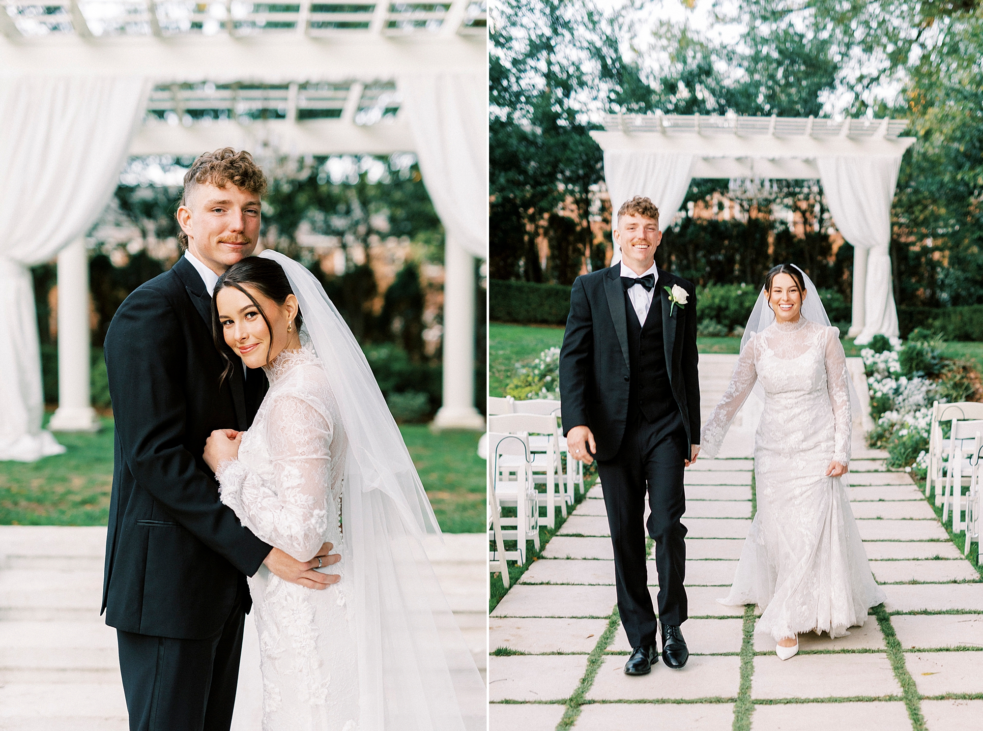 bride and groom hold hands walking in front of arbor in gardens at Separk Mansion