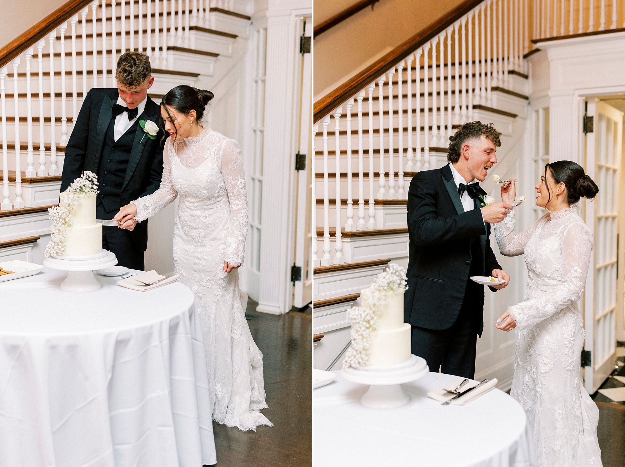 newlyweds cut wedding cake by staircase inside Separk Mansion