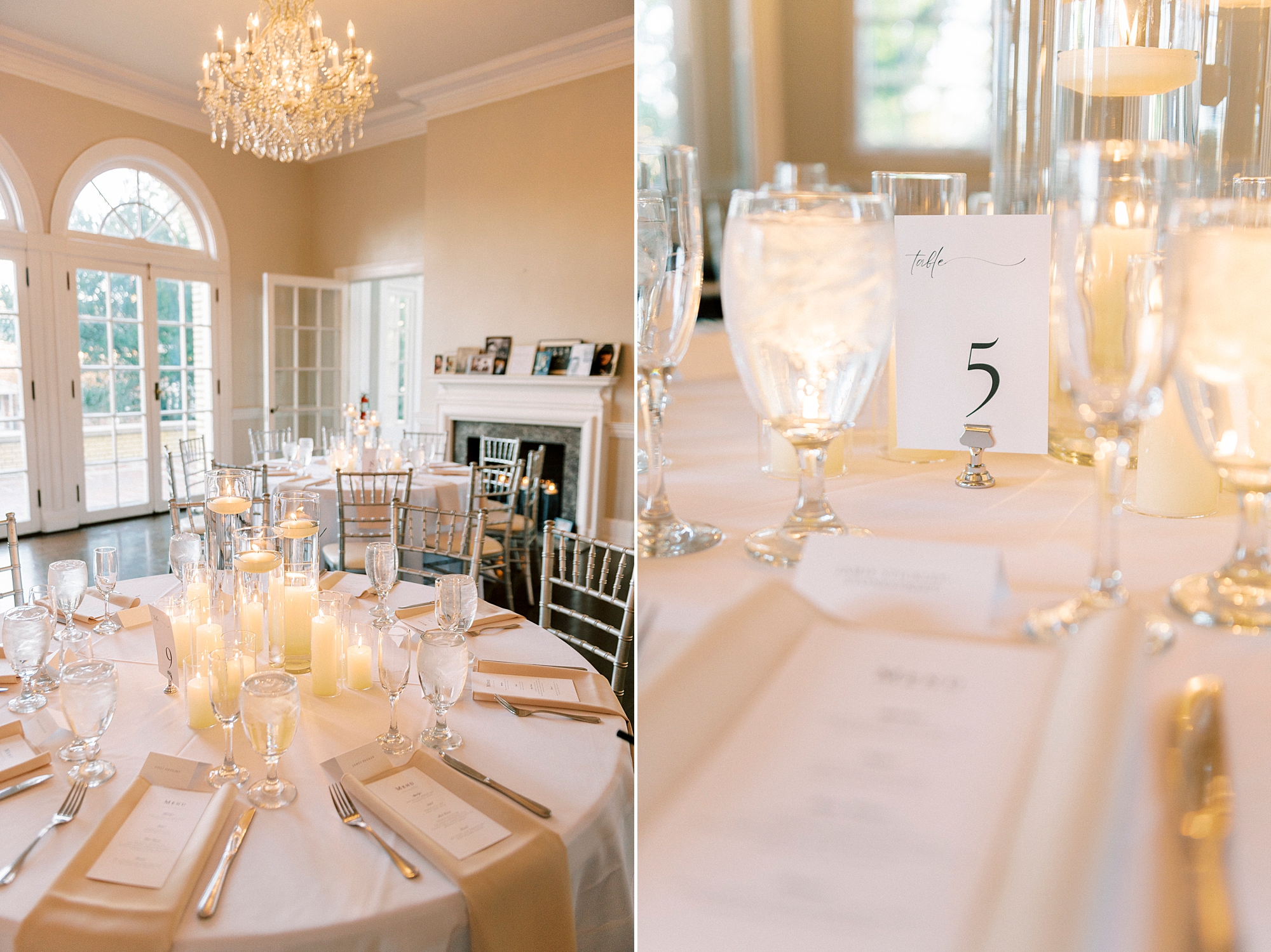 ivory tablescape with floating candles for luxurious wedding reception at Separk Mansion