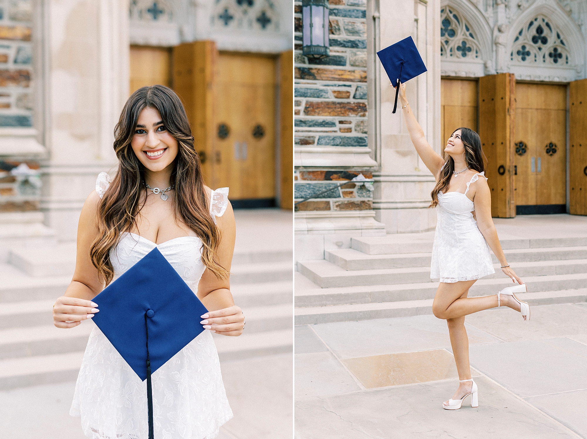 senior college student poses with blue cap during Duke Chapel graduation portraits