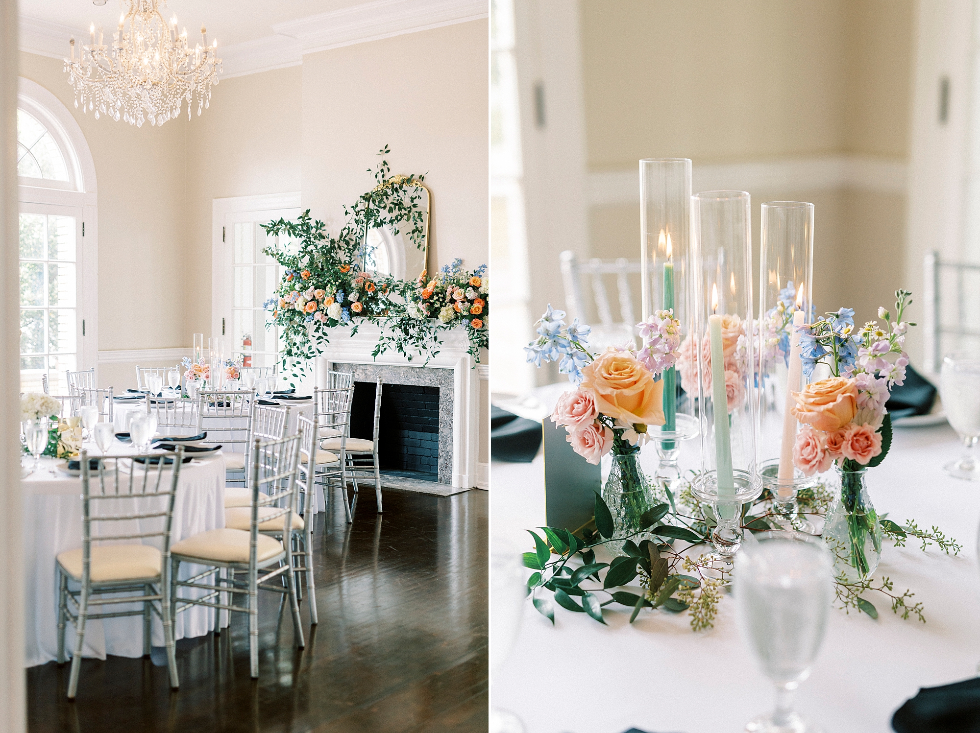 spring wedding reception at Separk Mansion with pastel flowers 