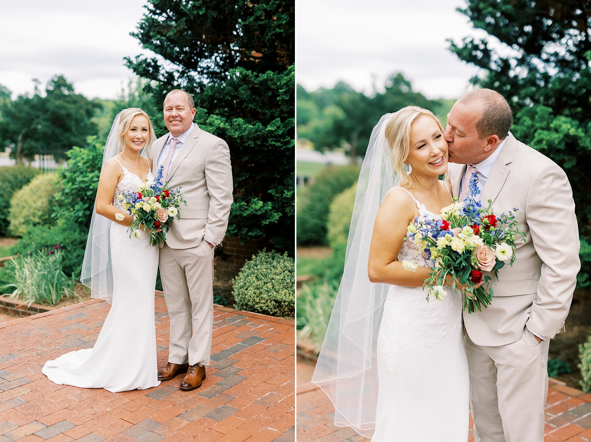groom in tan suit leans to kiss bride outside St. Mary's Chapel