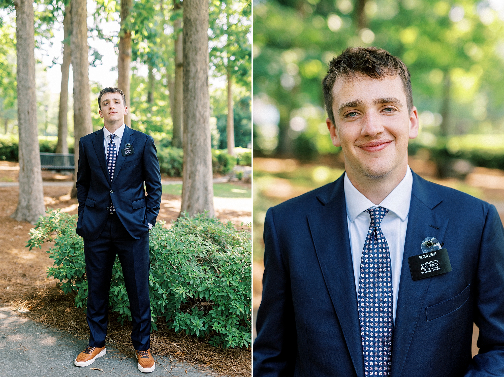 teenage son poses in suit with LDS name tag
