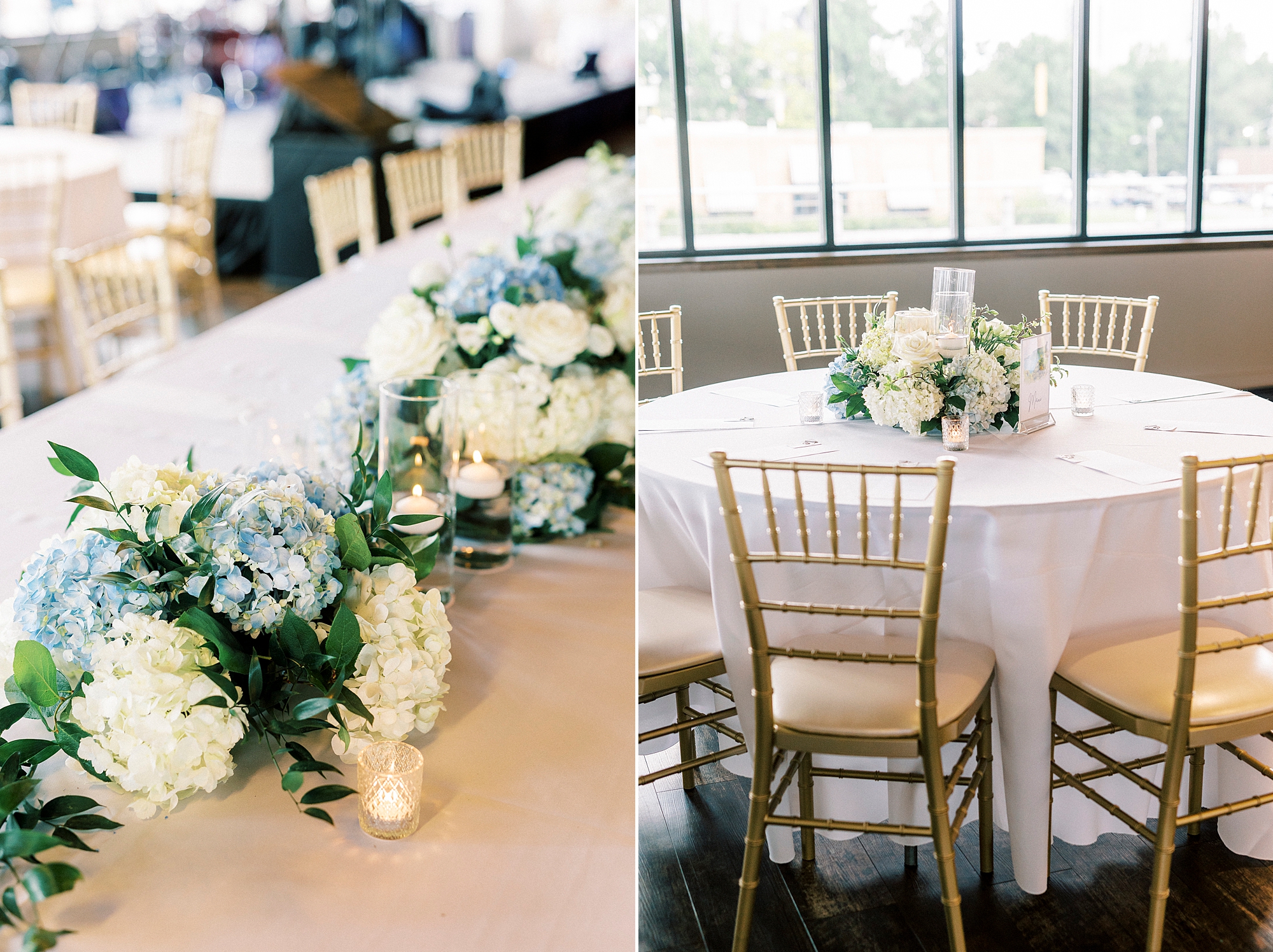 white and blue flower centerpieces on tables for reception at Terrace at Cedar Hill
