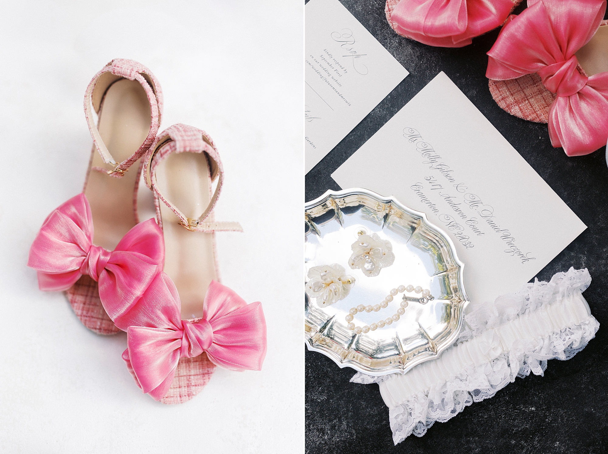 pink wedding shoes and bridal deails