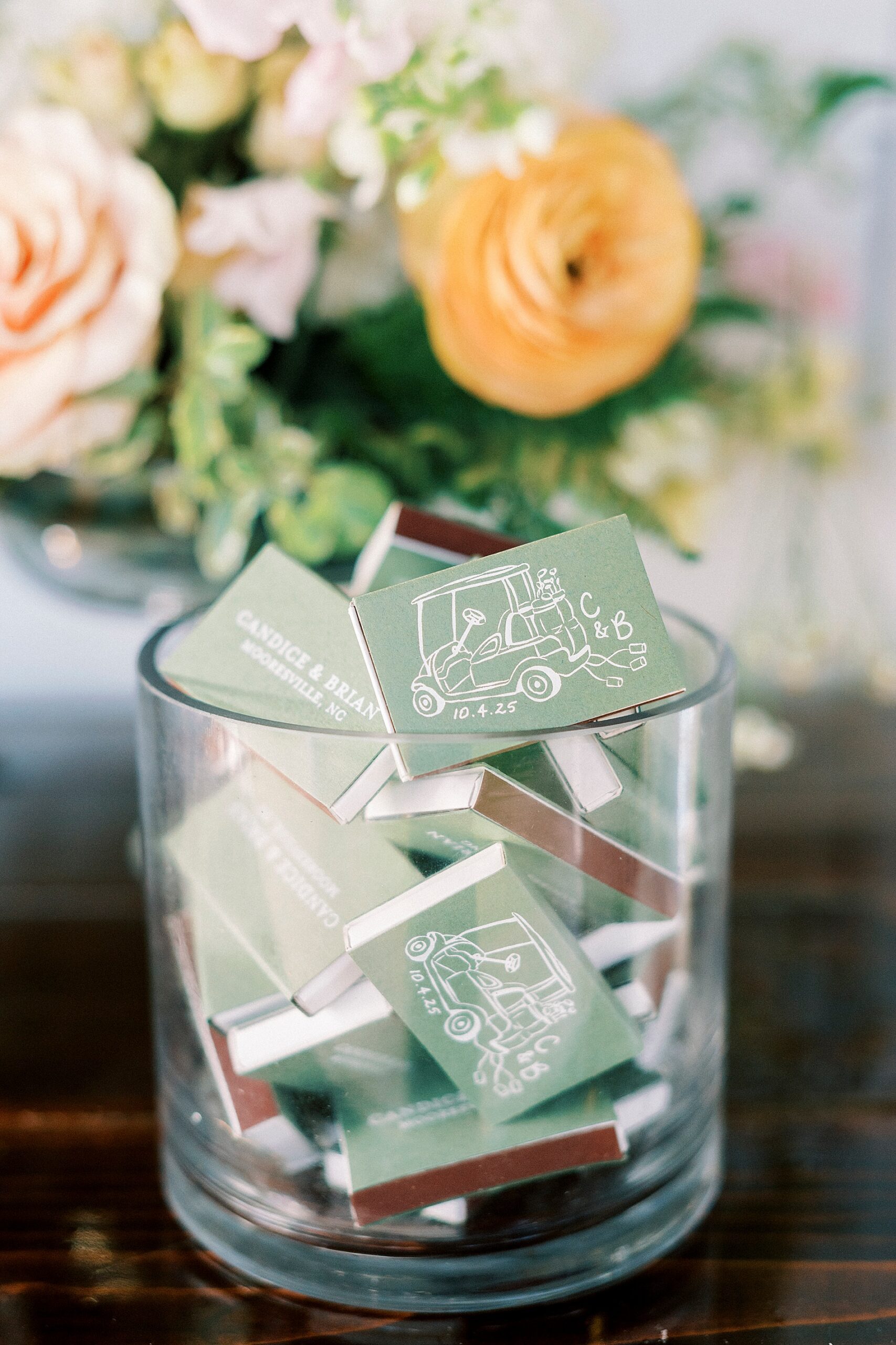 custom matchbox wedding favors with sketch of golf cart